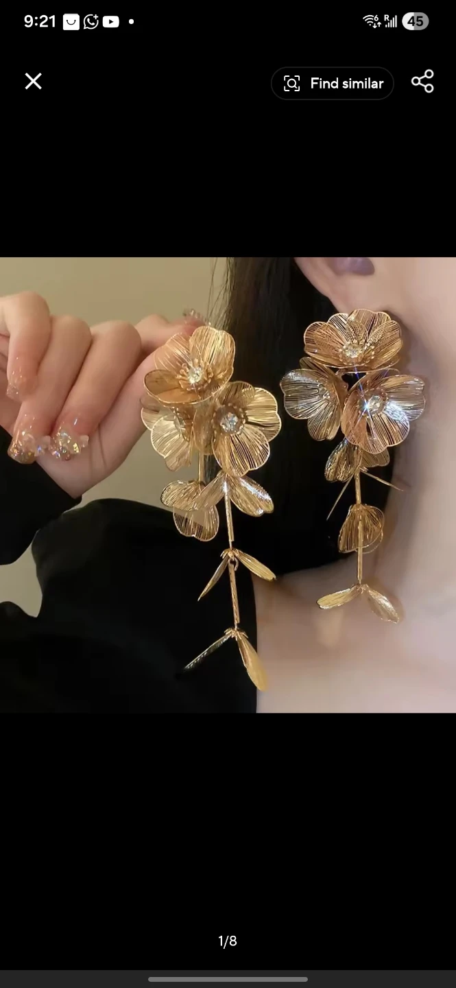 Gold Flower Dangle Earrings with Rhinestones