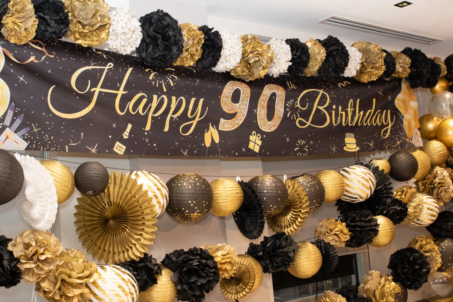 Happy 90th Birthday Banner and Decoration Set Gold and Black