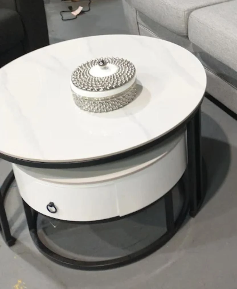 White Round Coffee Table with Drawer