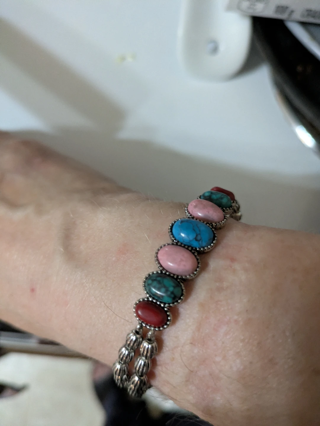 Beaded Bracelet with Turquoise, Pink, and Red Stones