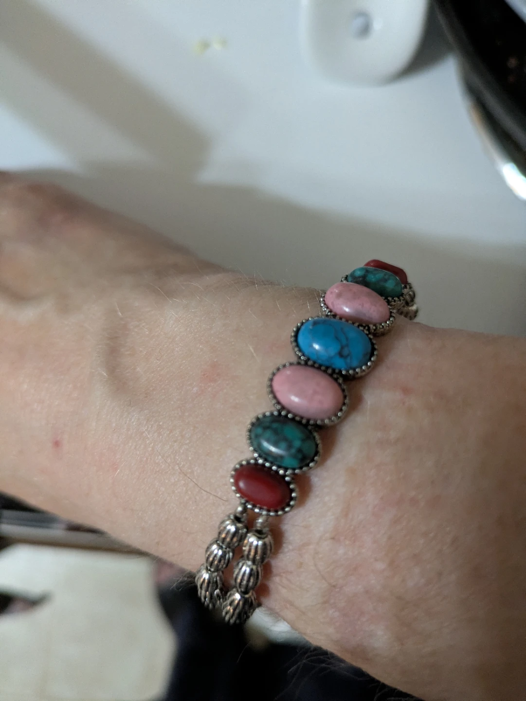 Beaded Bracelet with Turquoise, Pink, and Red Stones - photo 2
