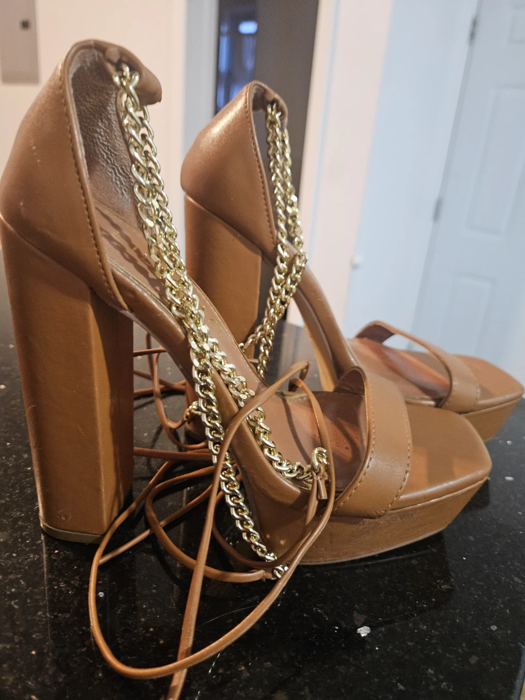 Liliana Women's Tan Heeled Sandals with Gold Chain Detail - photo 2