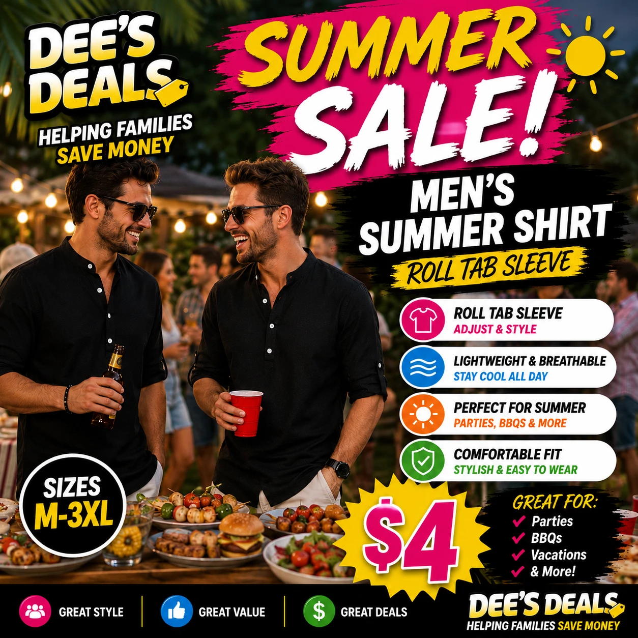 Men's Black Roll Tab Sleeve Summer Shirt