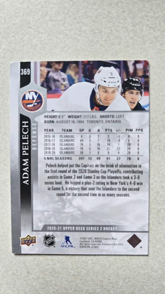 2020-21 Upper Deck Series 2 Hockey Card - Adam Pelech - photo 2