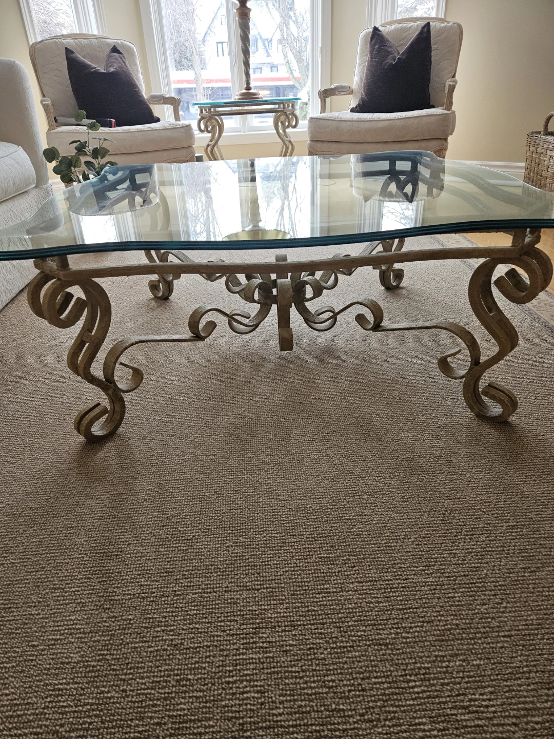 Glass Top Metal Scroll Coffee Table and 2 machine end tables