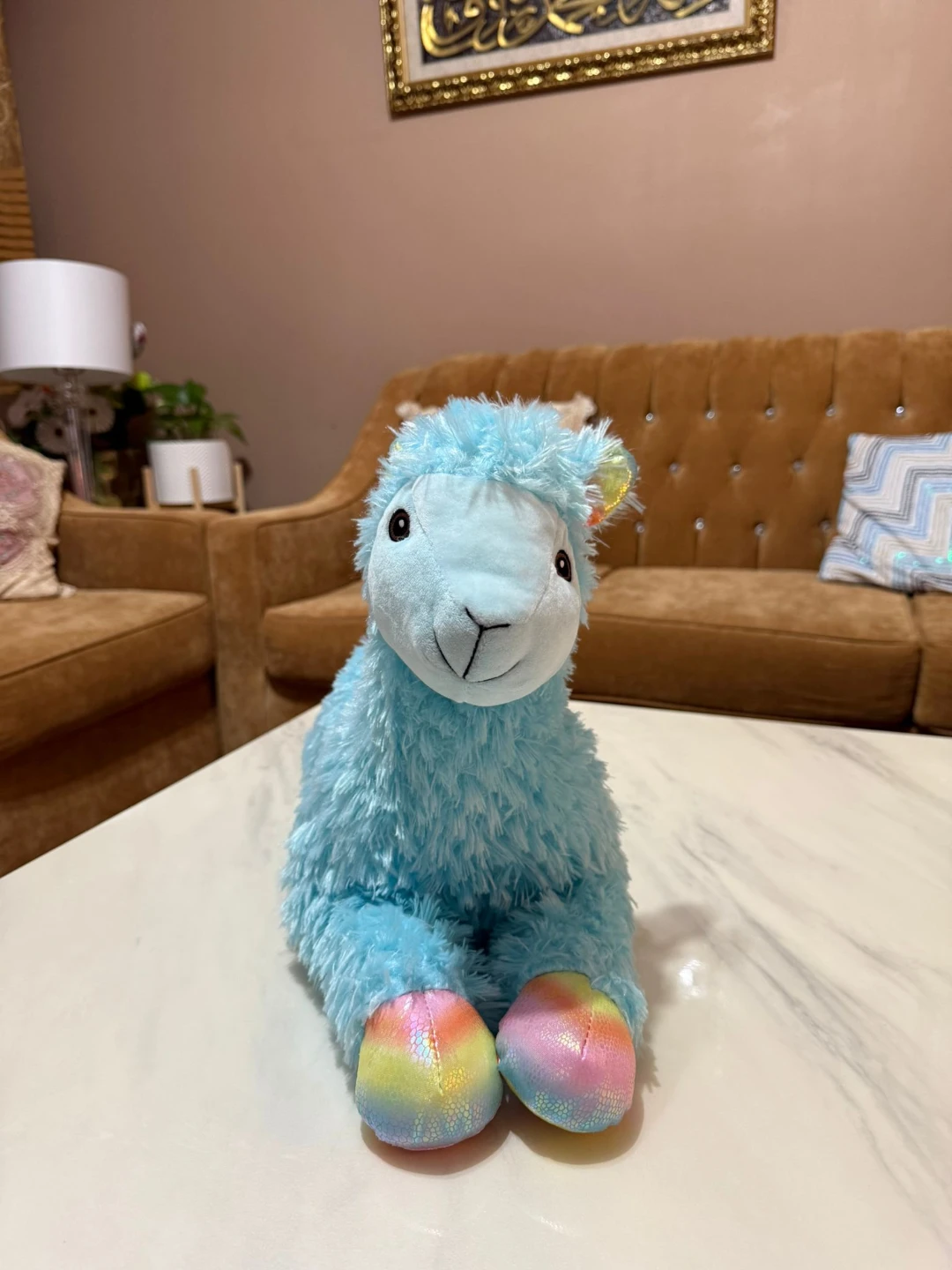 Blue Plush Llama Toy with Rainbow Feet