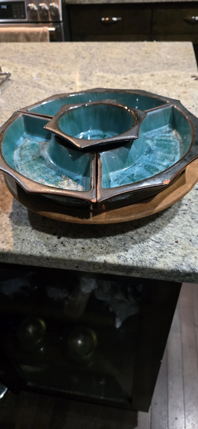 Ceramic Divided Serving Platter with Wood Base