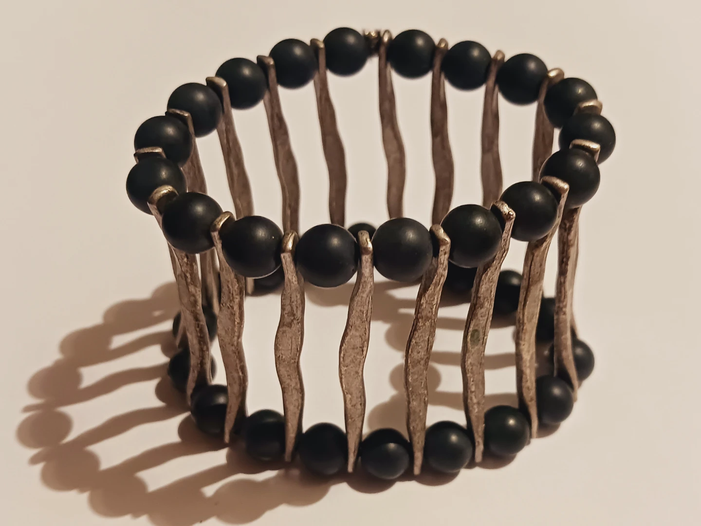 Black Beaded & Silver Tone Unique Cuff Bracelet