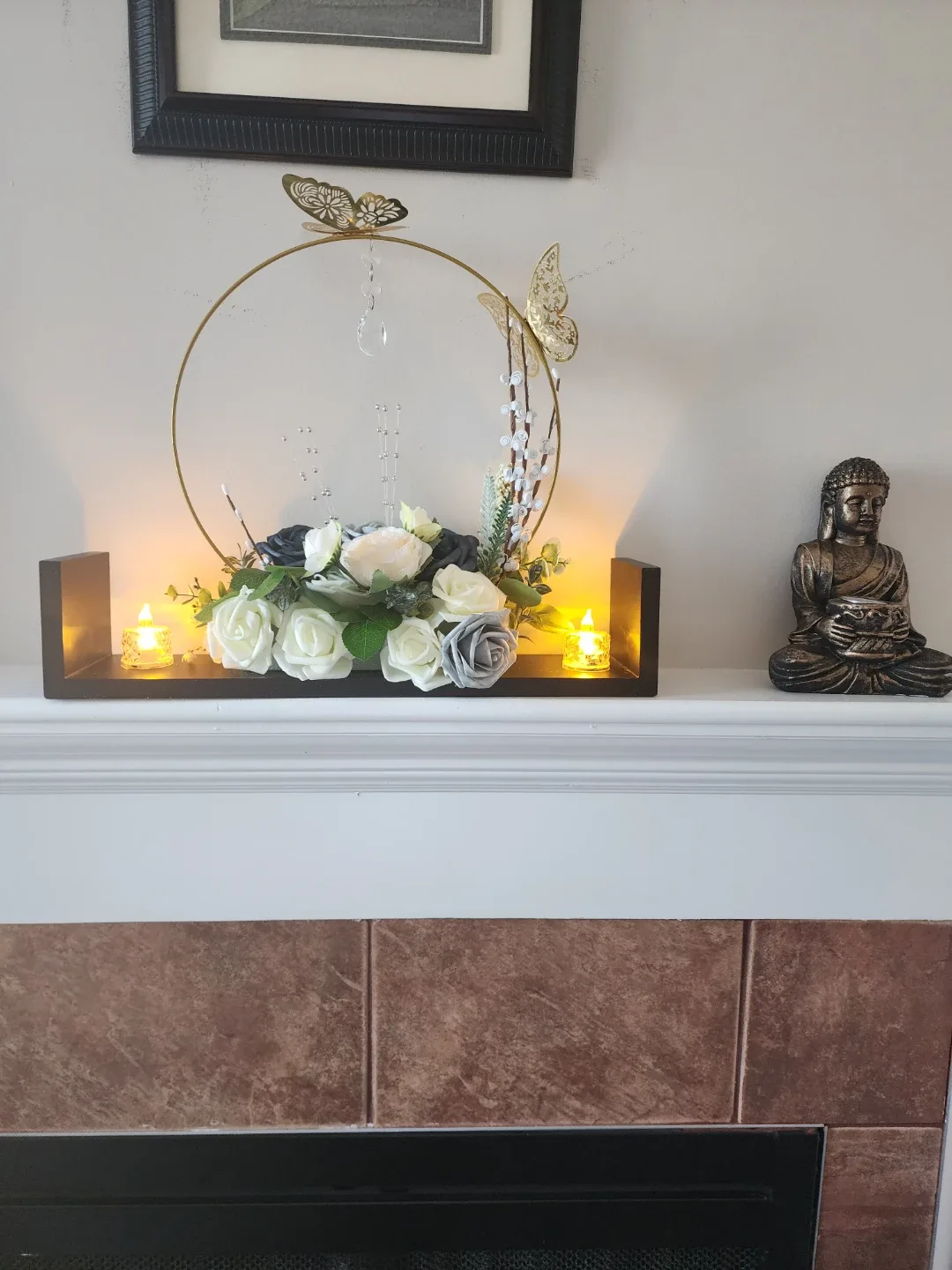 Floral Wreath with Butterflies and Crystal Dangle