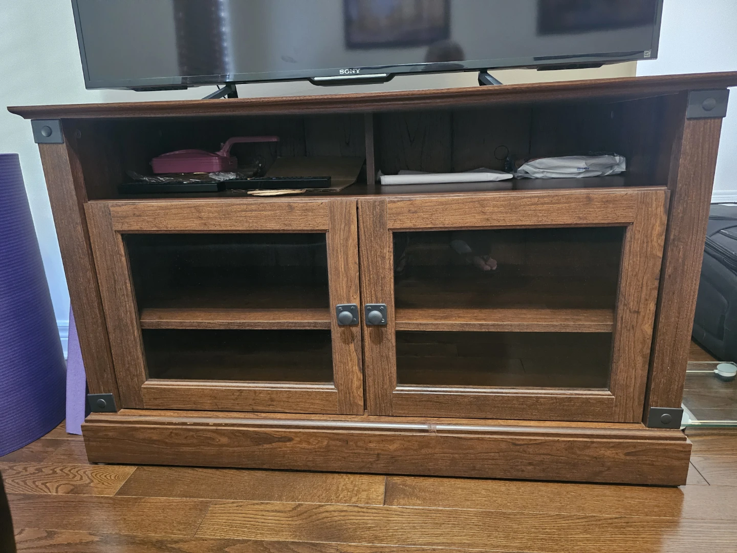 Wooden TV Stand with Glass Doors