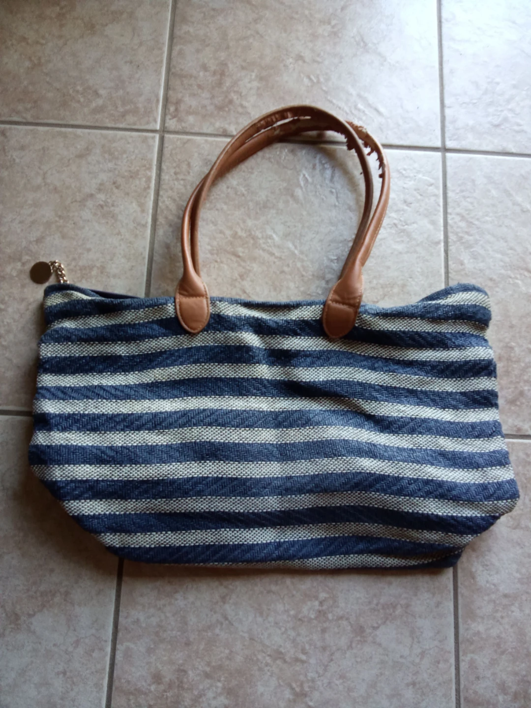 Striped Tote Bag with Faux Leather Handles
