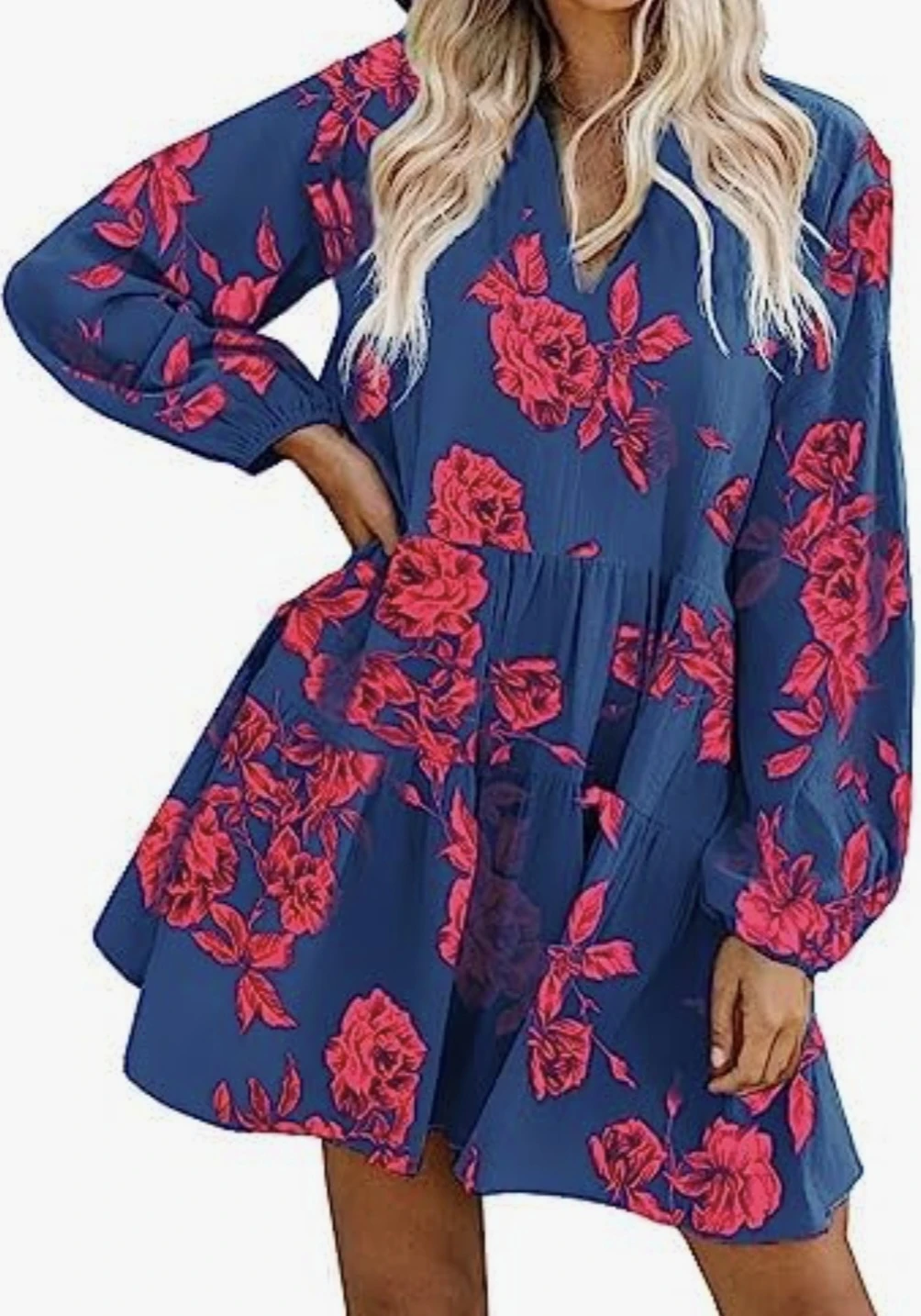 FANCYINN Blue Floral Tiered Mini Dress - Size Small