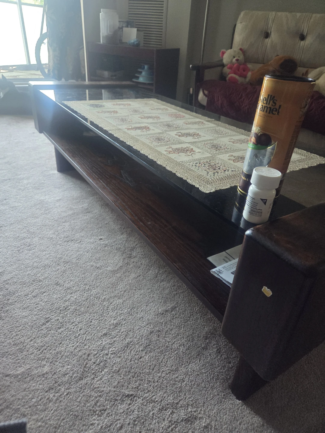 Dark Wood Coffee Table with Glass Top