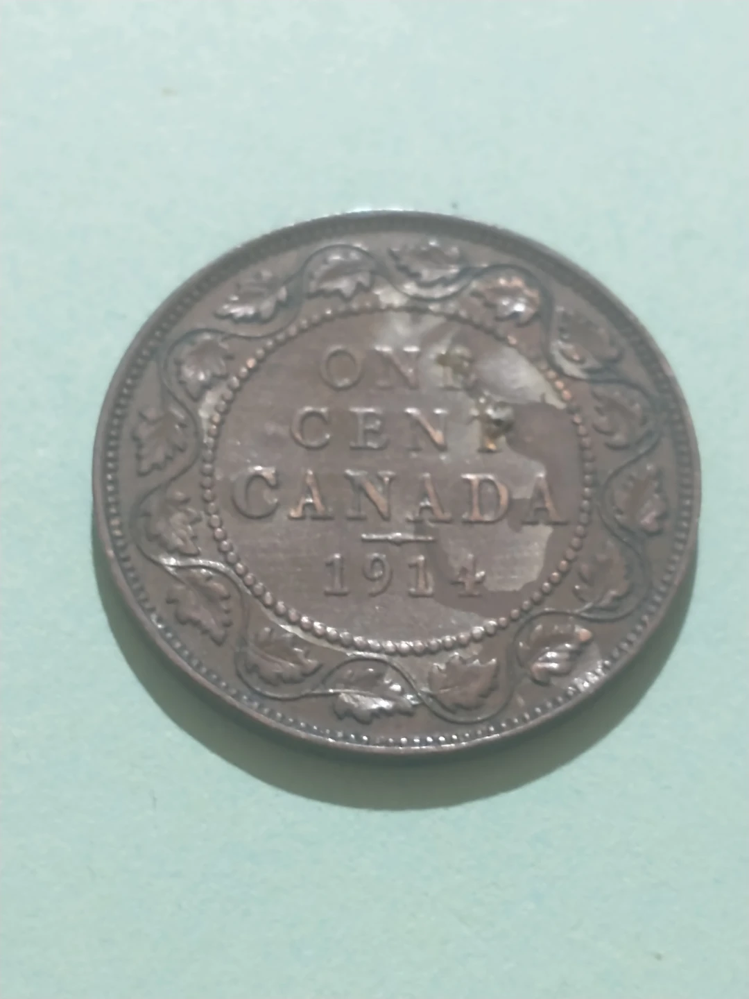 RARE ERROR 1914 WWI George V Canada large cent, planchet error - photo 2