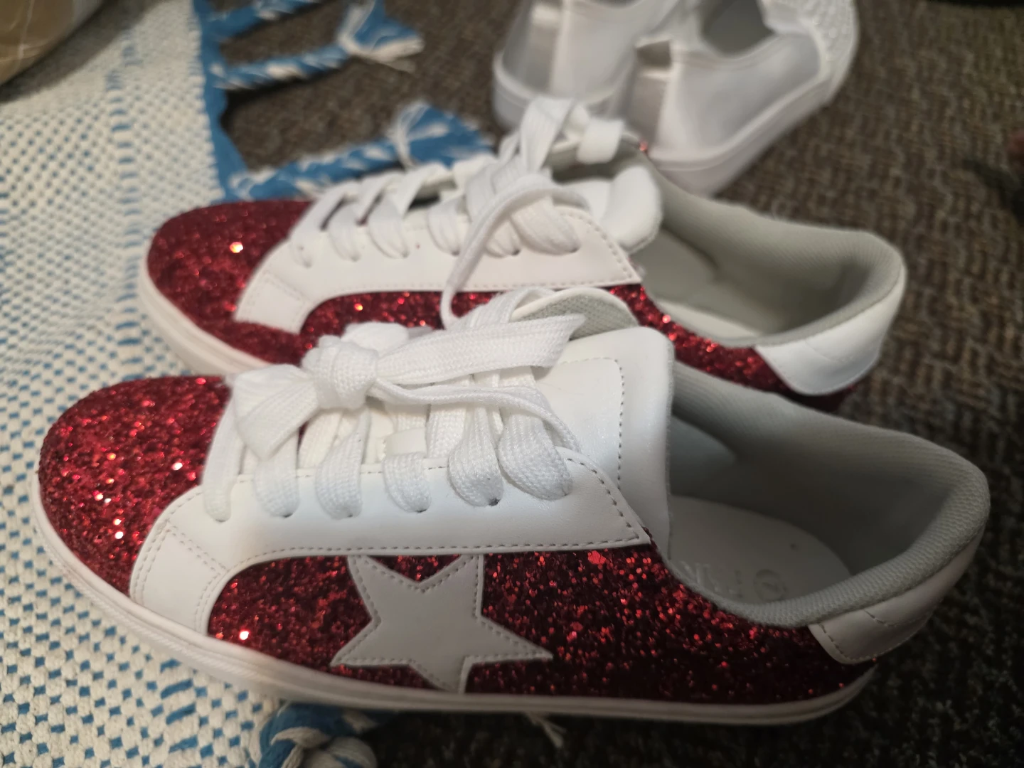 White and Red Glitter Sneakers with Star Detail