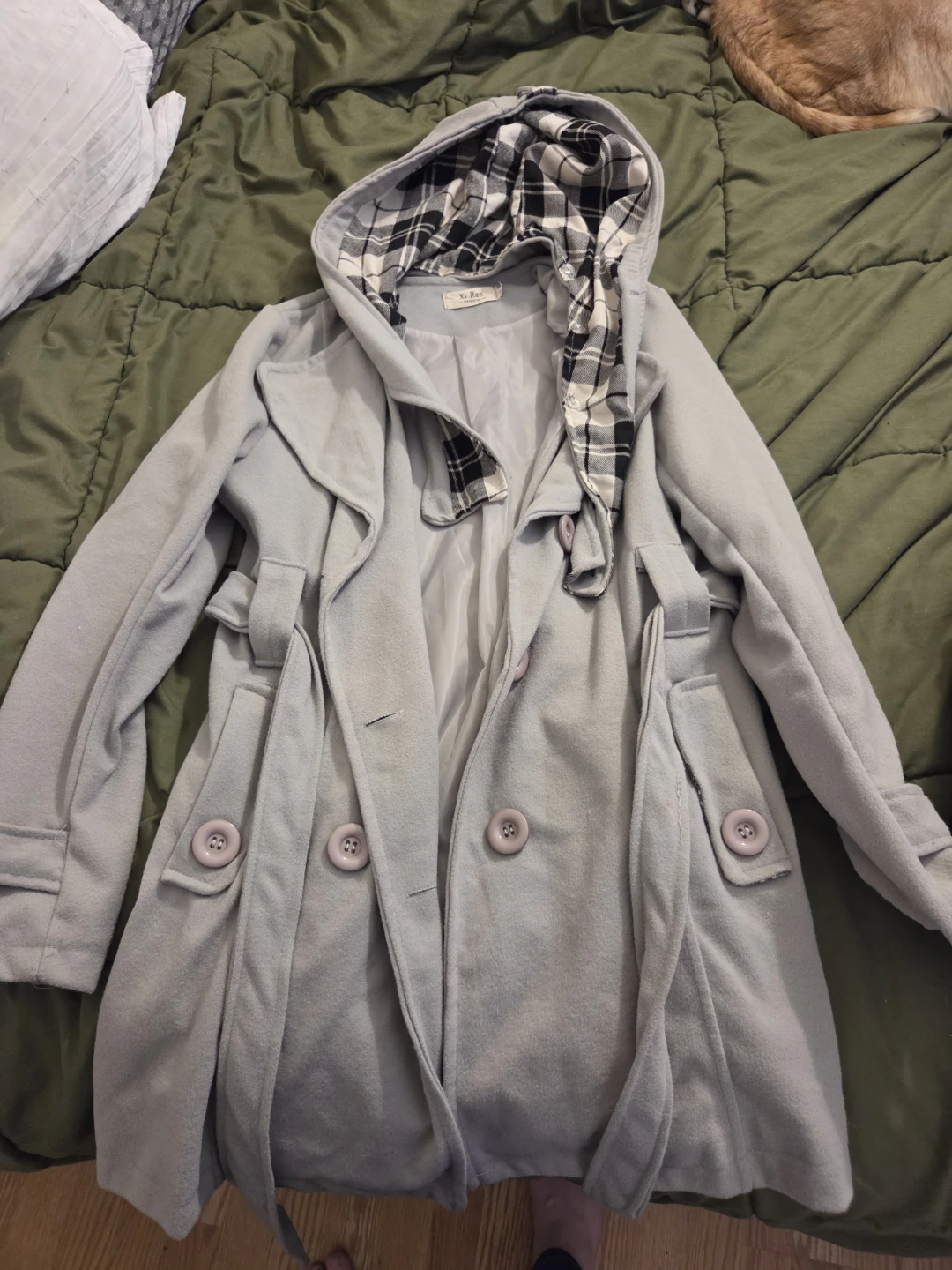 Gray Plaid Lined Hooded Coat