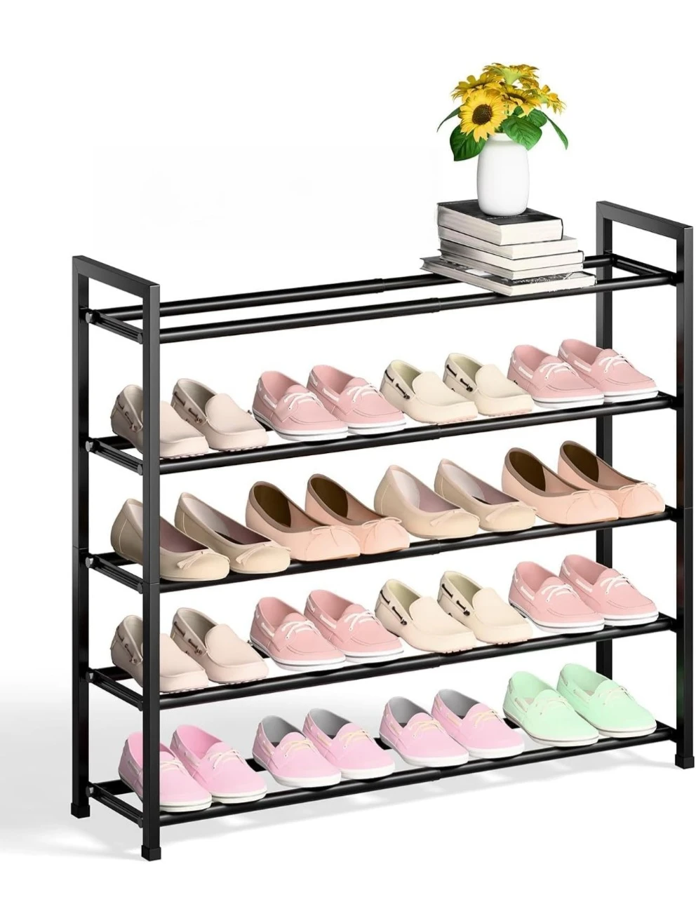 Expandable 5-Tier Shoe Rack - Black Metal