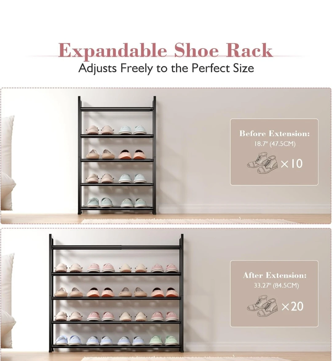 Expandable 5-Tier Shoe Rack - Black Metal - photo 3