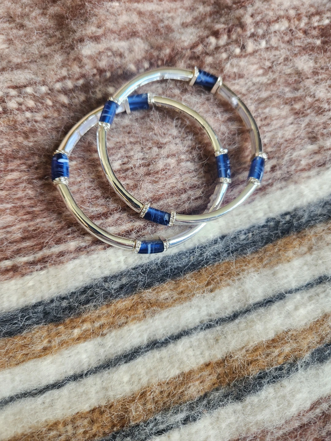 Set of 2 Silver Bangles with Blue Stone Accents