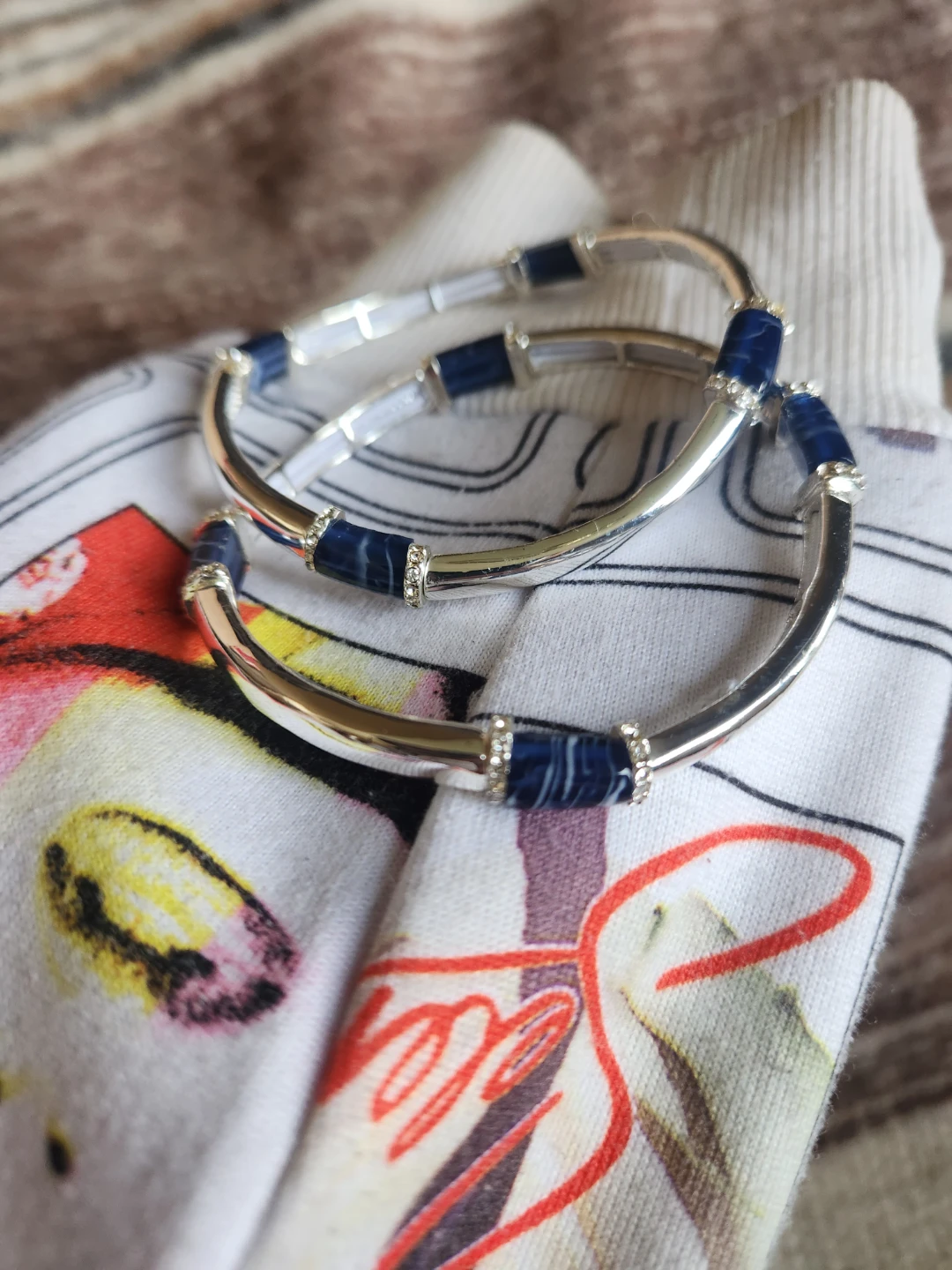 Set of 2 Silver Bangles with Blue Stone Accents - photo 2