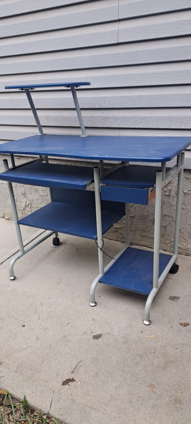 Blue Rolling Computer Desk with Monitor Stand