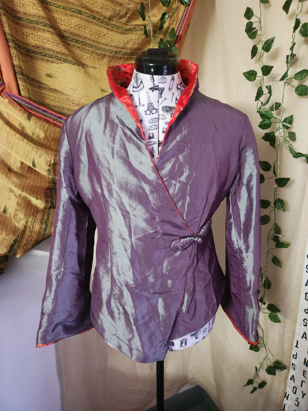 Shimmering Purple Brocade Kimono Jacket with Red Trim