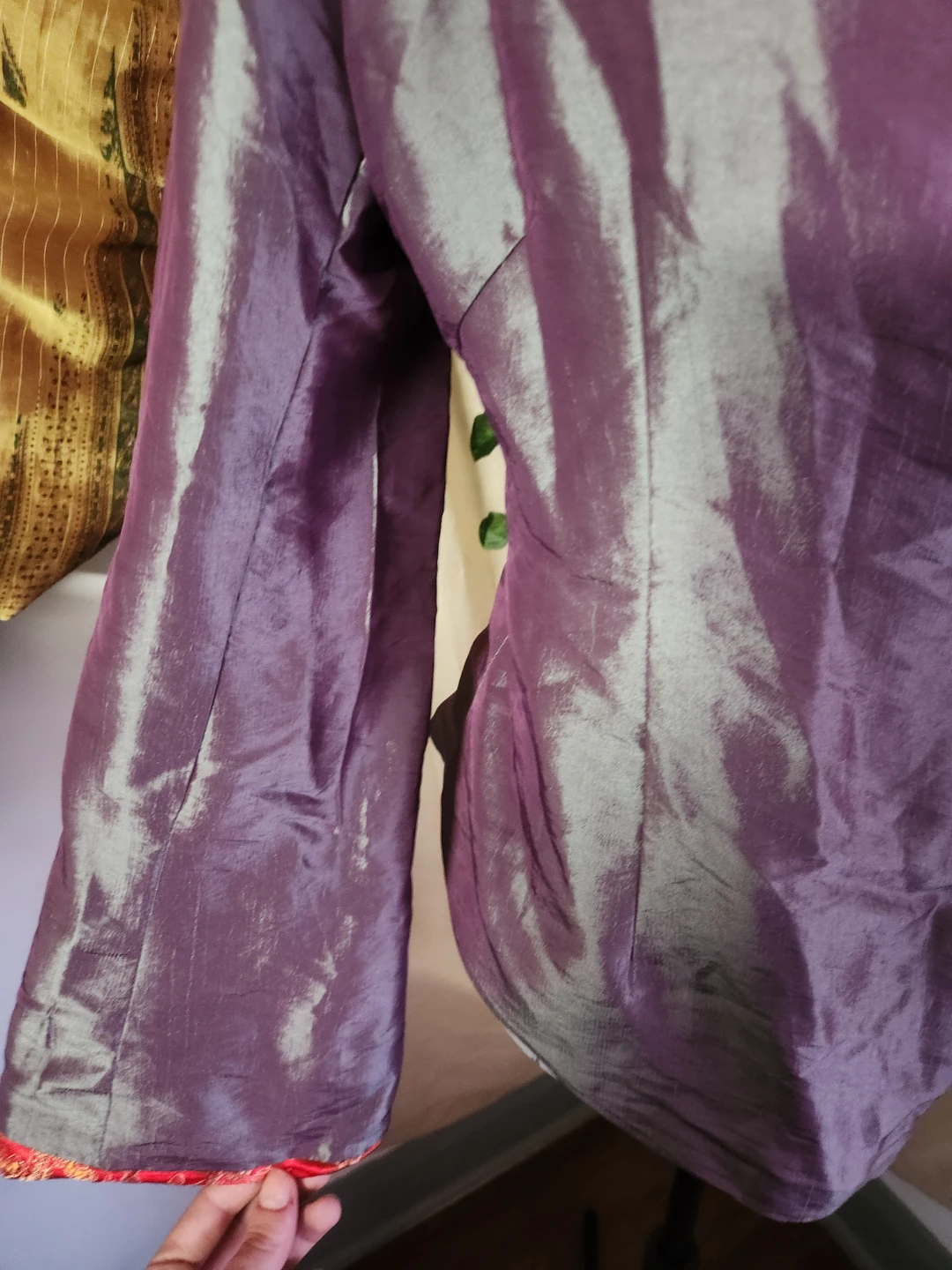 Shimmering Purple Brocade Kimono Jacket with Red Trim - photo 3