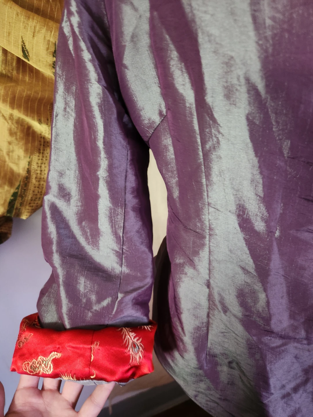 Shimmering Purple Brocade Kimono Jacket with Red Trim - photo 4