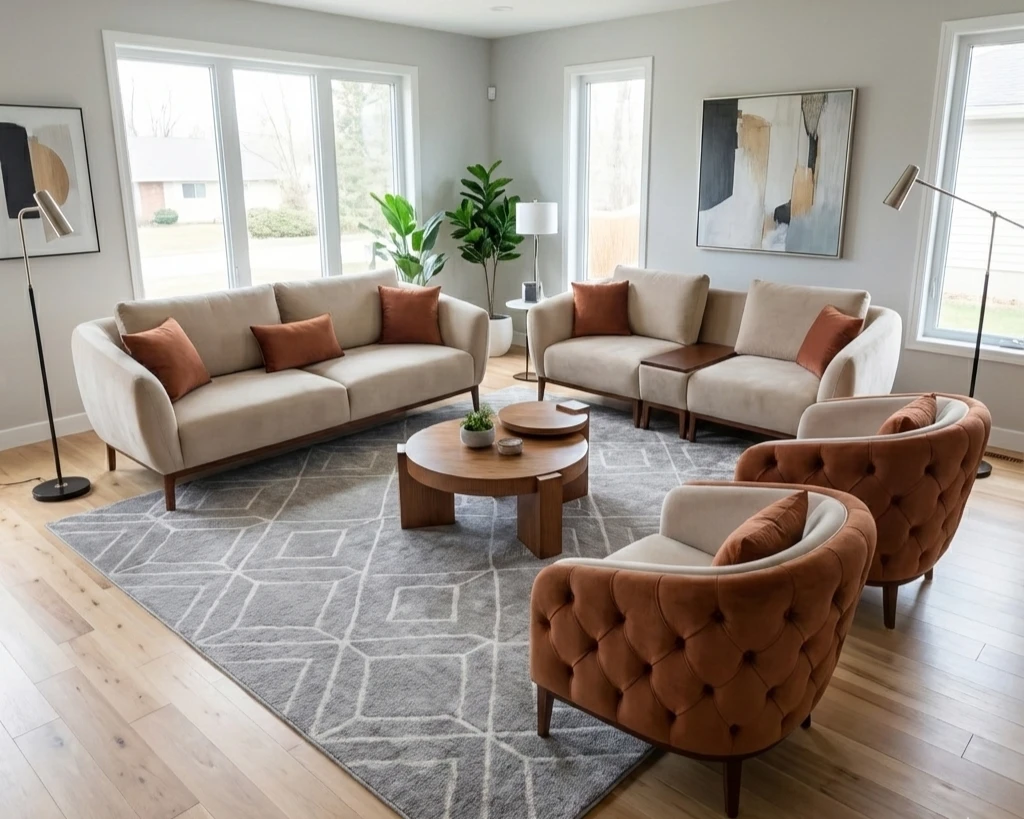 Beige Sofas and Armchairs with Rust Accent Pillows