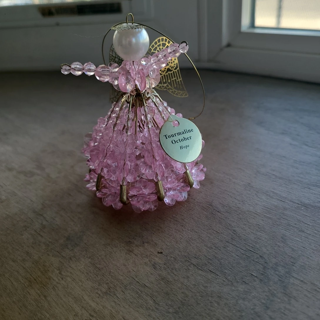 Pink Beaded Angel Ornament with Tourmaline October tag