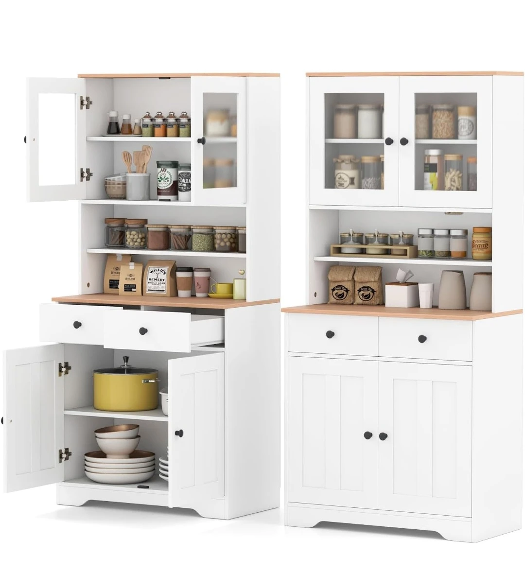 White Kitchen Hutch Cabinet with Glass Doors
