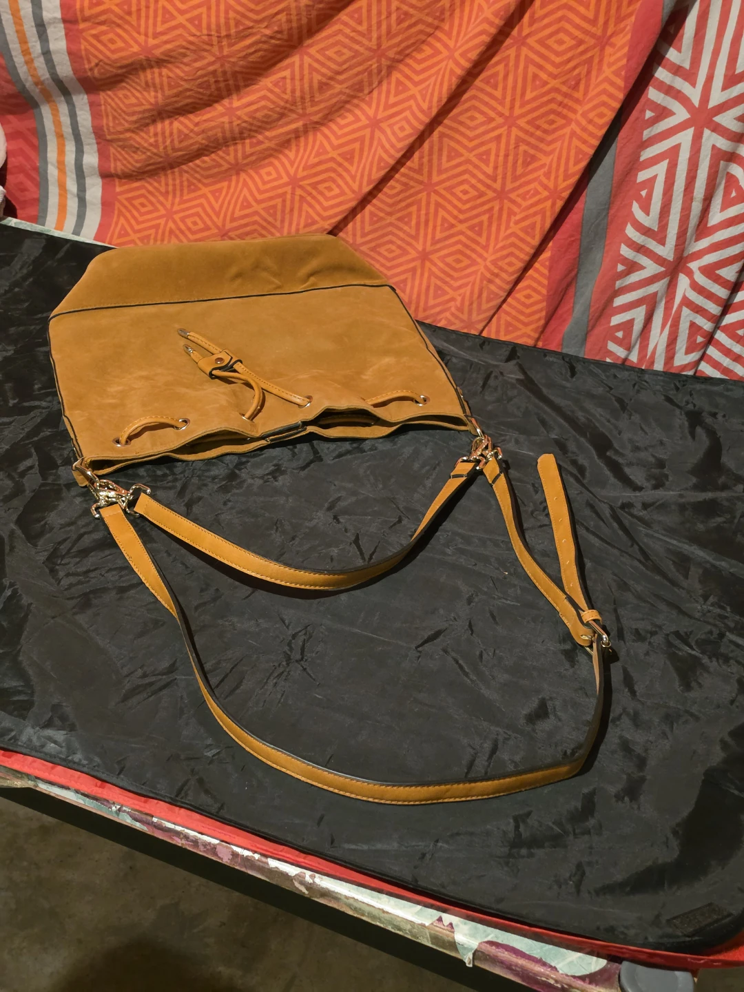 Brown Suede Drawstring Shoulder Bag