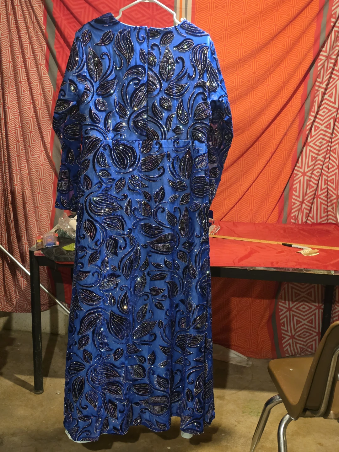 Blue Beaded Long Sleeve Women's Dress