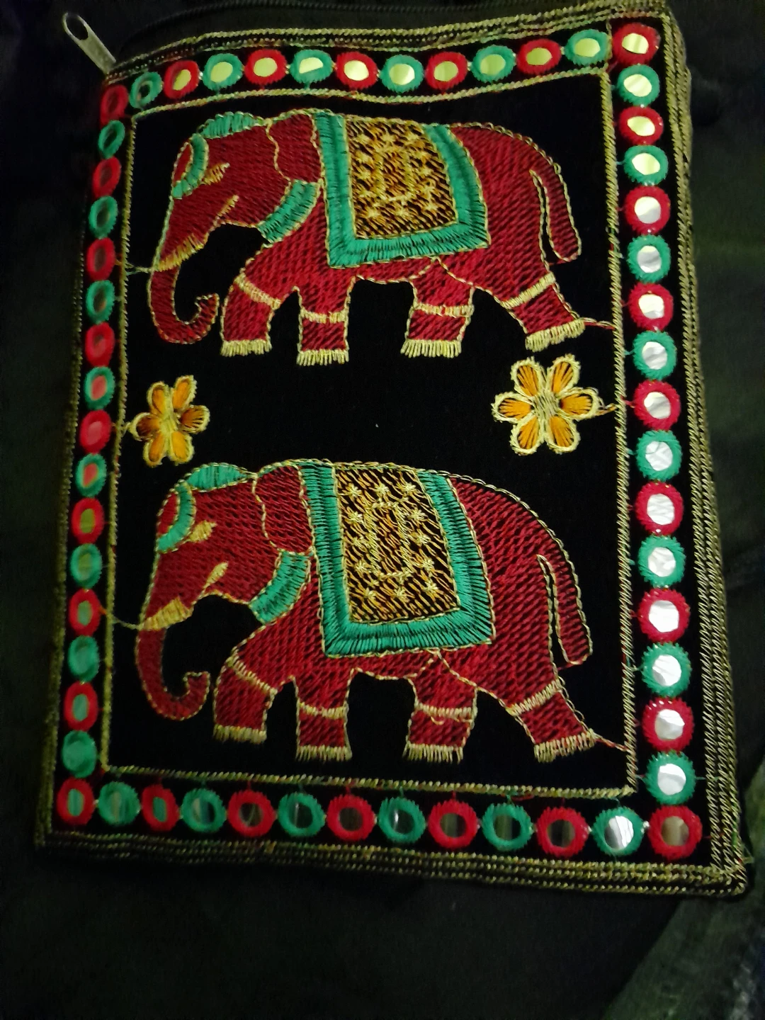 Black Embroidered Elephant Sling Bag