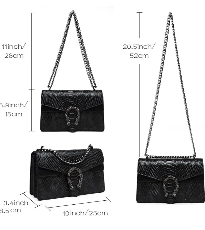 Black Snakeskin Textured Shoulder Bag with Chain Strap - photo 2