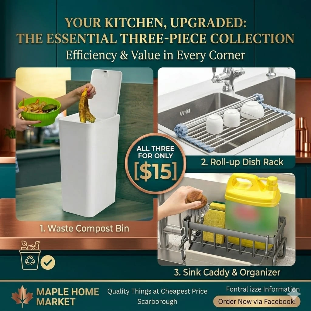 Kitchen 3-Piece Set: Compost Bin, Dish Rack & Sink Caddy