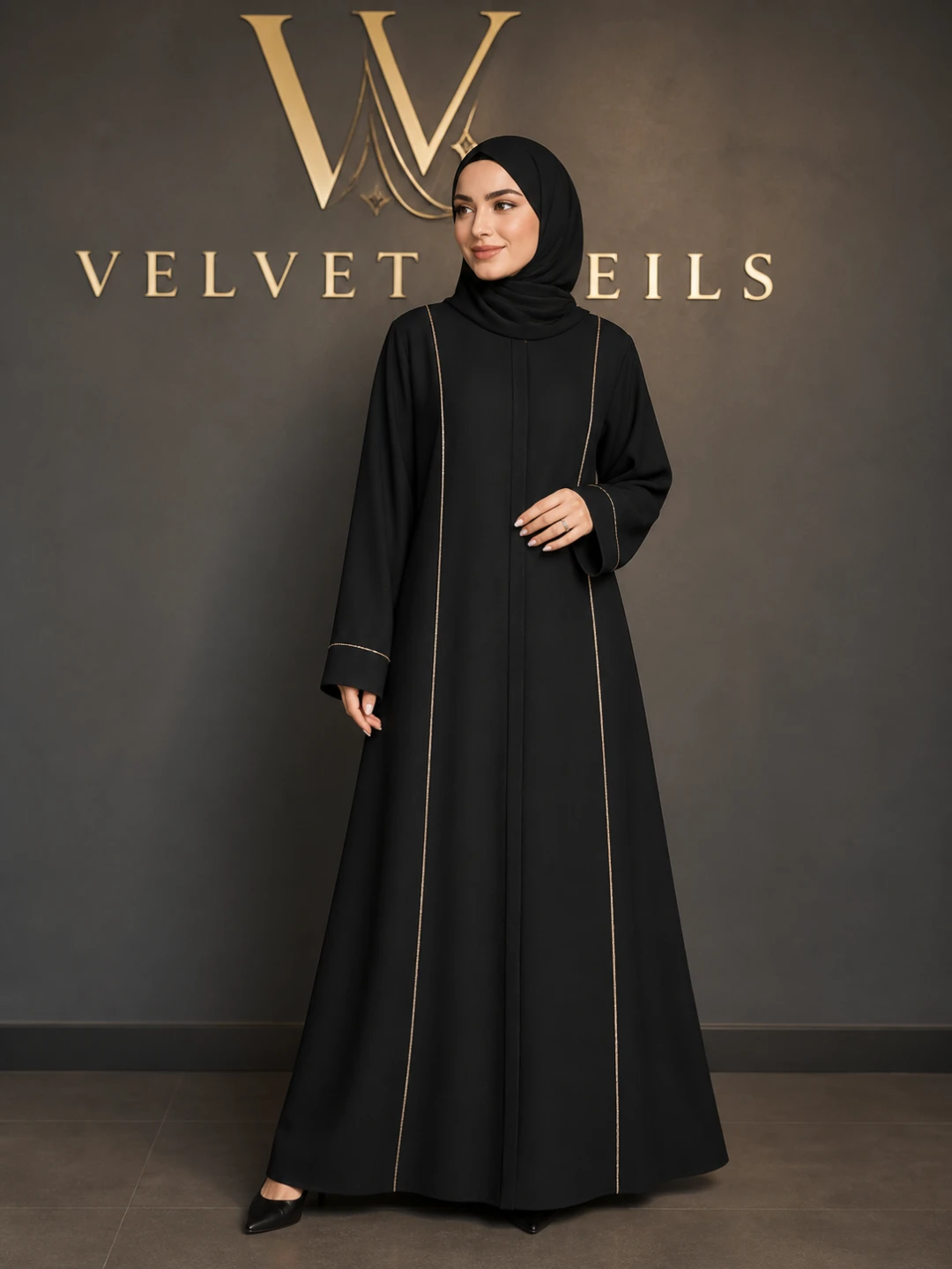 Velvet Veils Black Abaya with Gold Trim