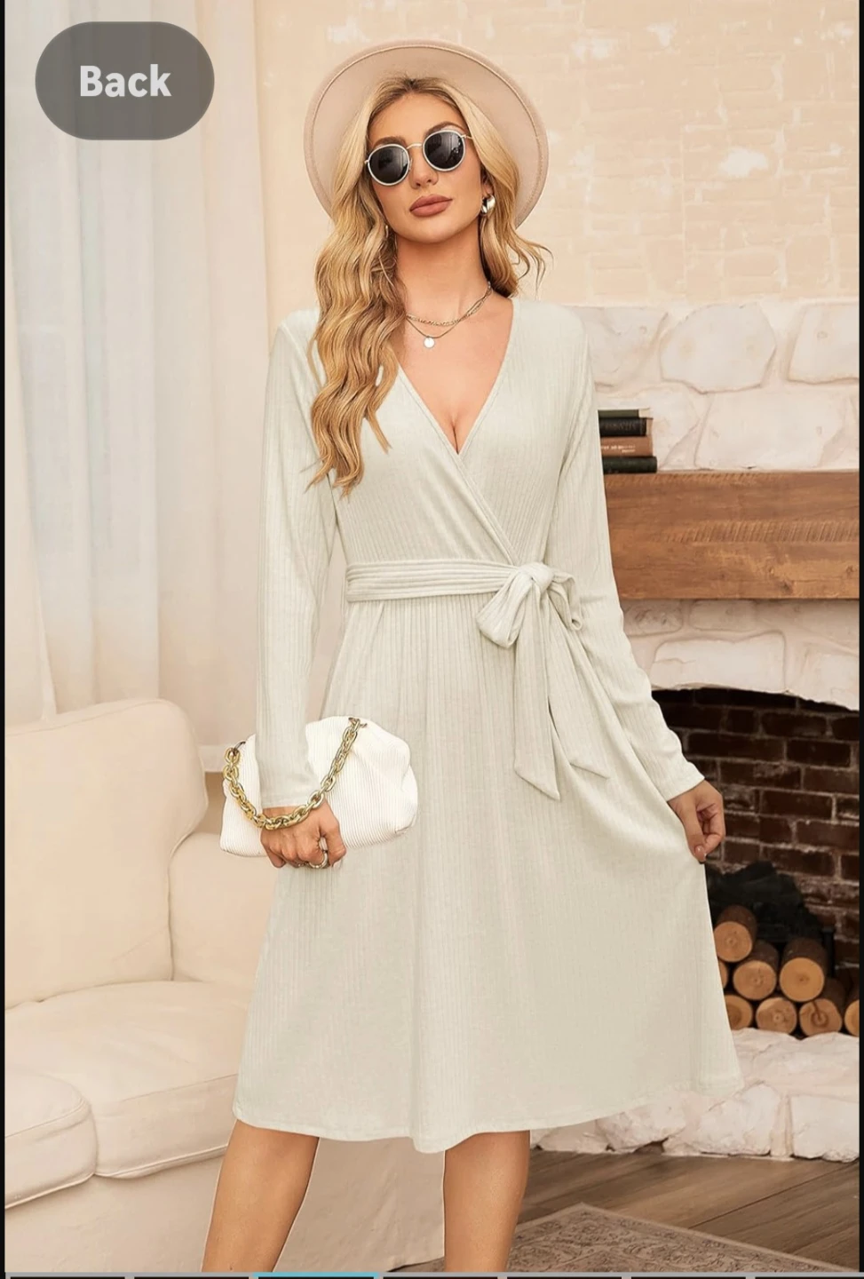 Ribbed Knit Long Sleeve Wrap Dress - Cream
