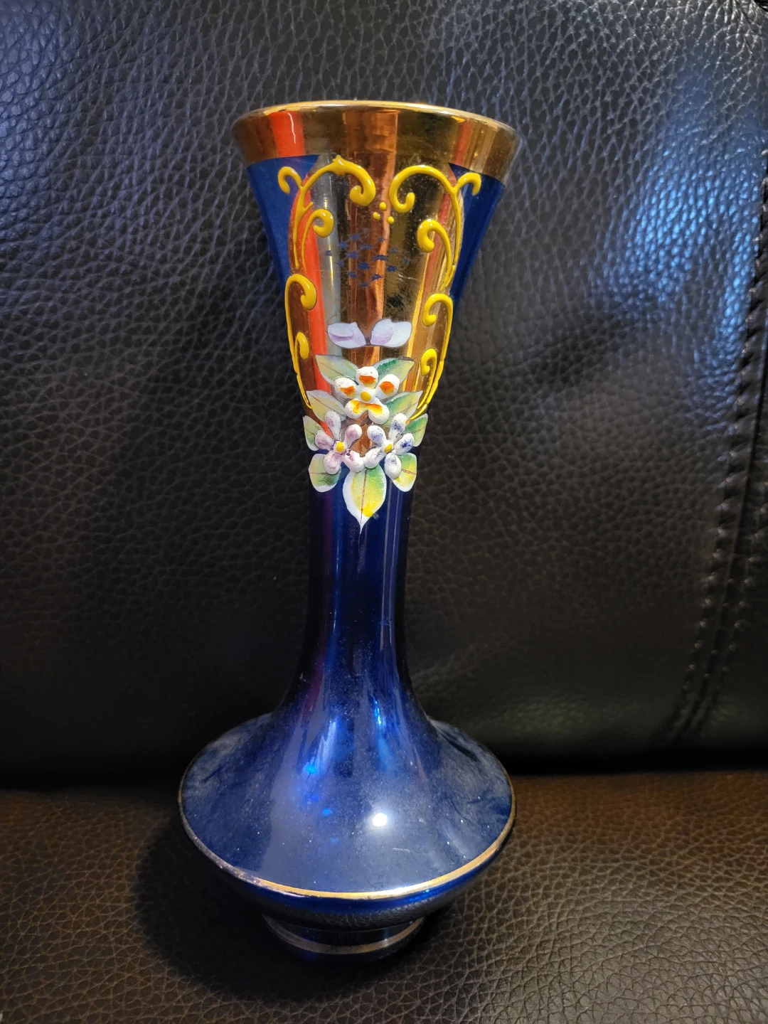 Blue Glass Bud Vase with Floral Design and Gold Trim
