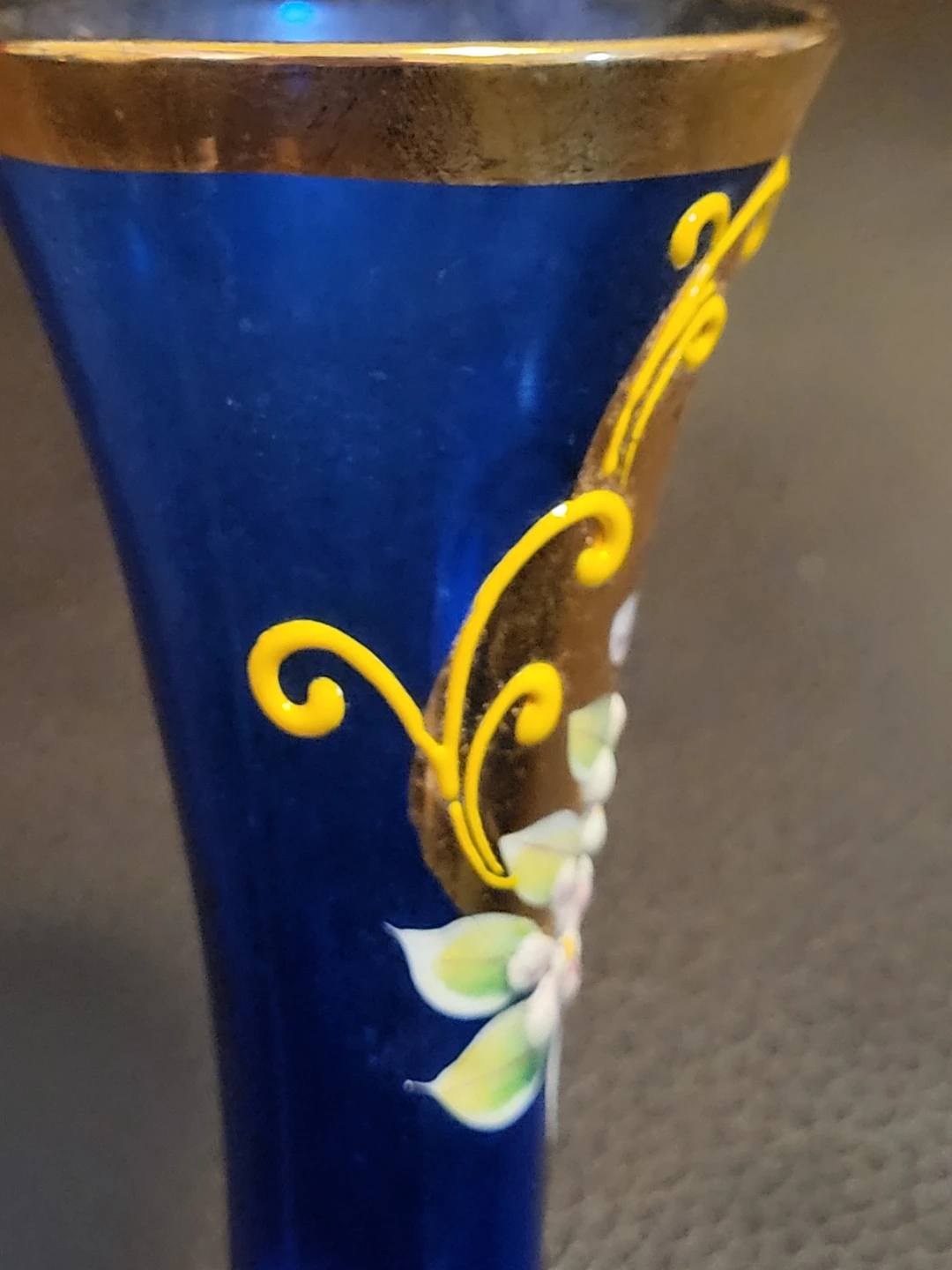 Blue Glass Bud Vase with Floral Design and Gold Trim - photo 5