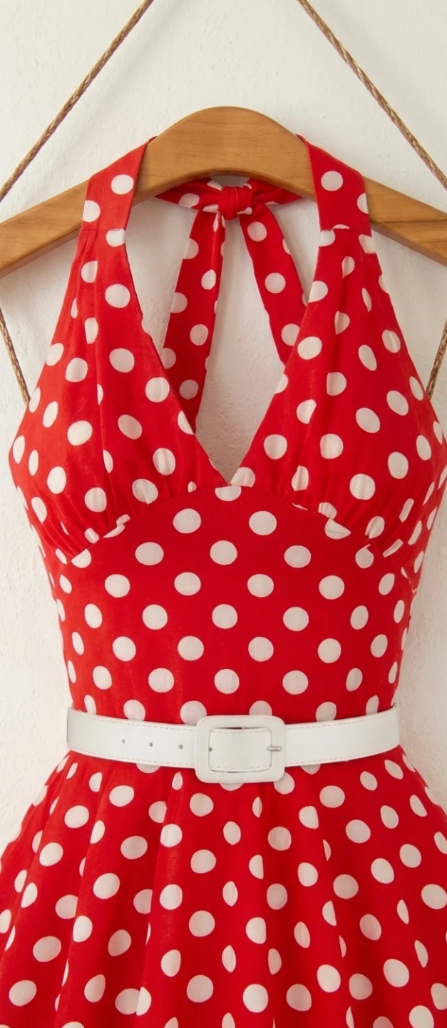 Red Polka Dot Halter Dress with White Belt - photo 3