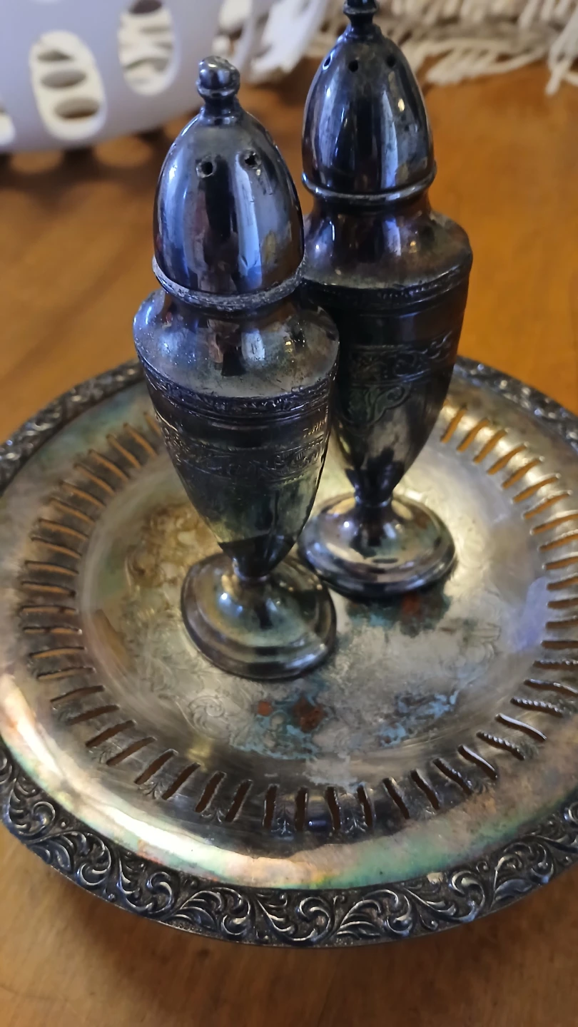 Vintage Silver-Plated Salt and Pepper Shakers with Tray