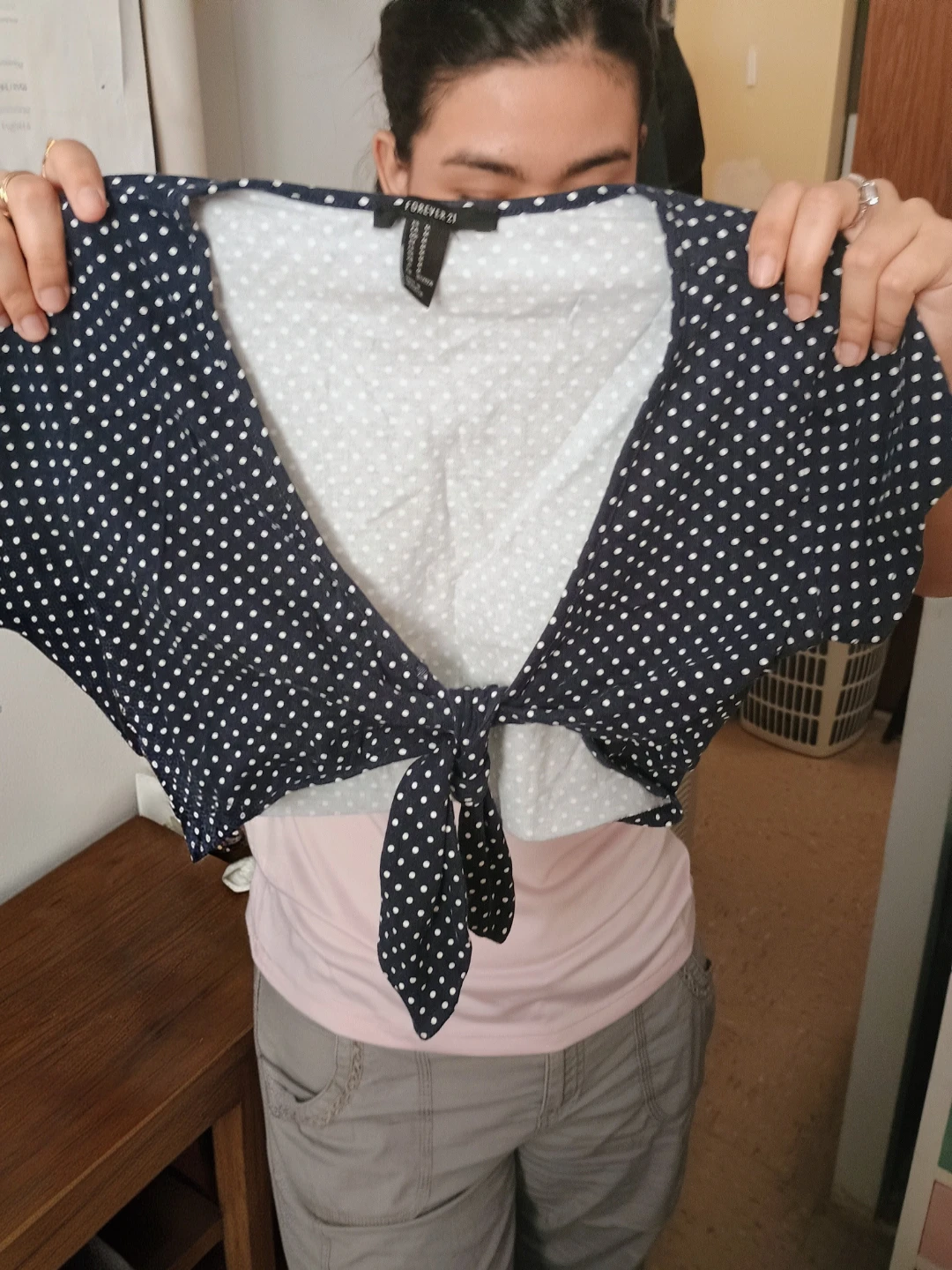 Forever 21 Navy Blue Polka Dot Tie Front Crop Top Size Medium - photo 2