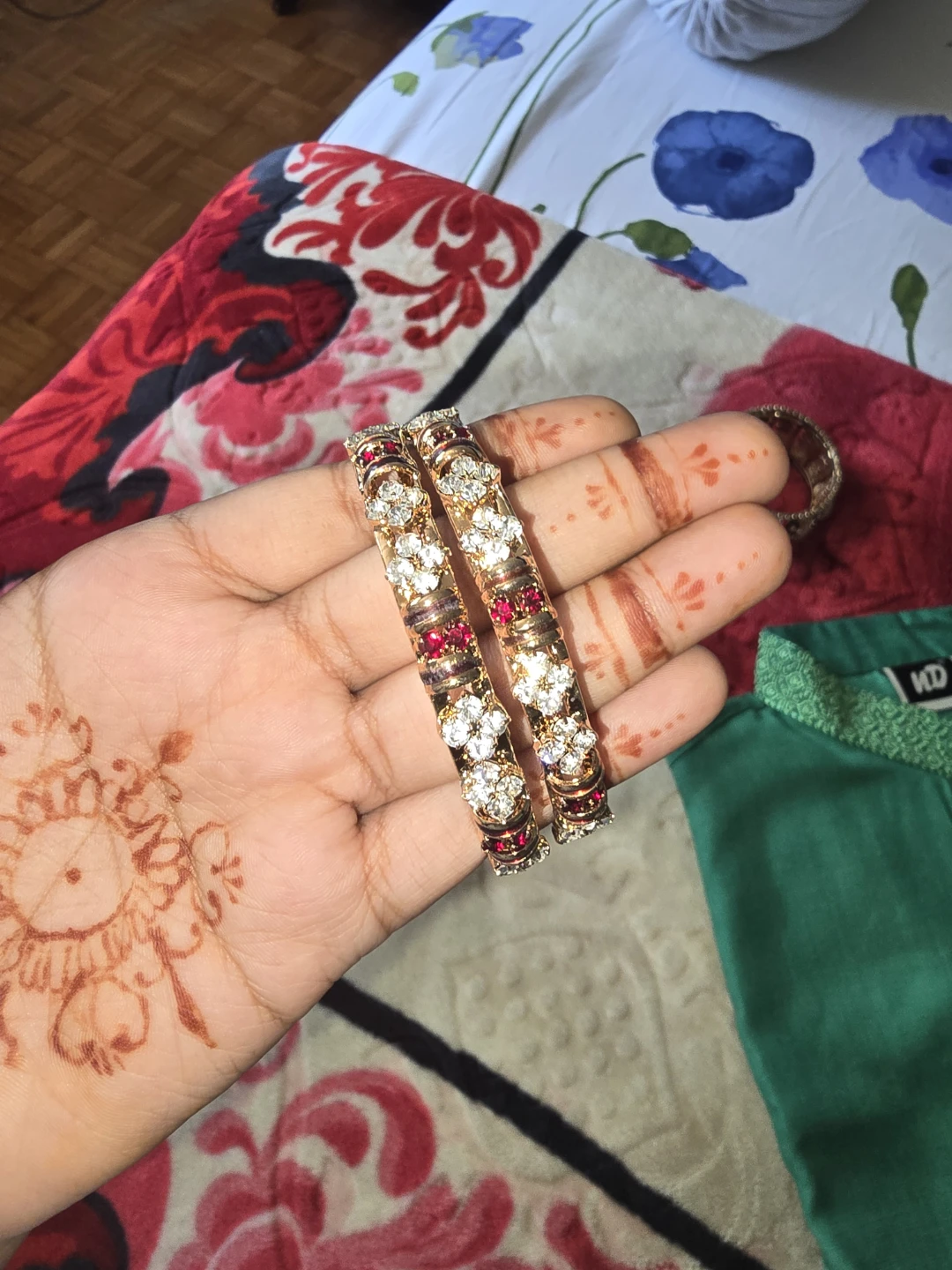 Gold Bangle Set with Rhinestones and Red Gems