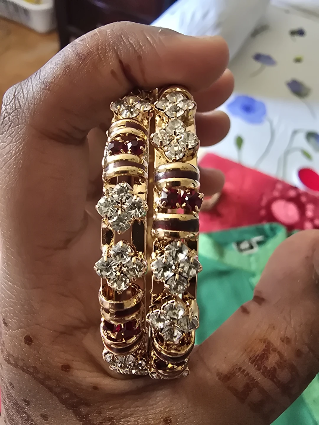 Gold Bangle Set with Rhinestones and Red Gems - photo 3