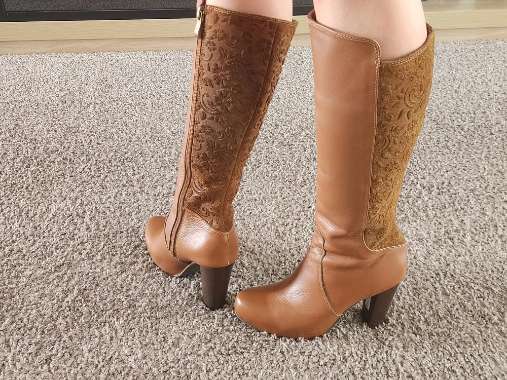 Brown Leather Knee-High Boots with Floral Embossing