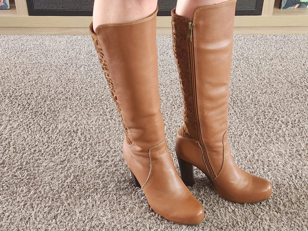 Brown Leather Knee-High Boots with Floral Embossing - photo 2