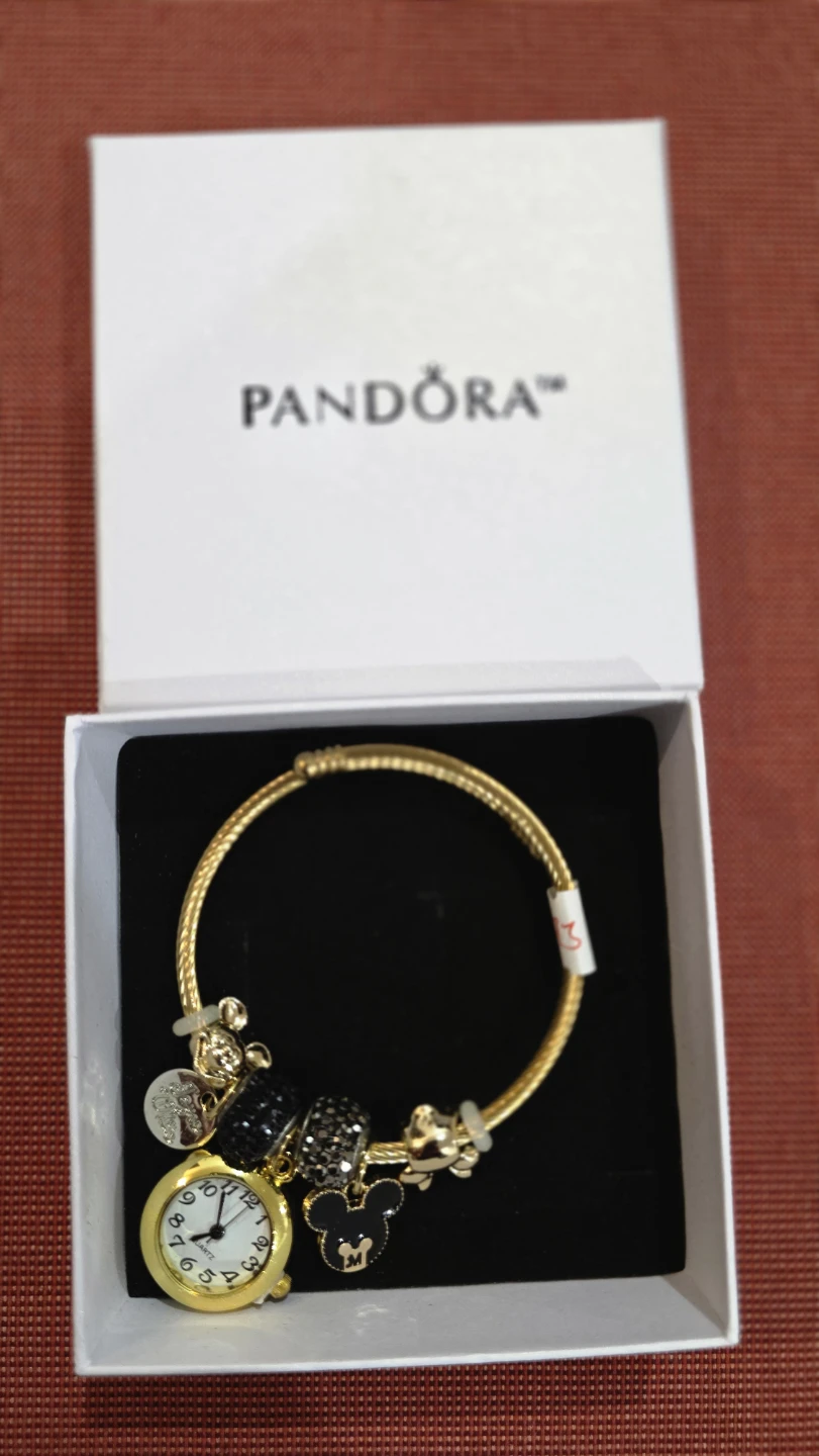 Gold Tone Mickey Mouse Charm Bracelet with Watch