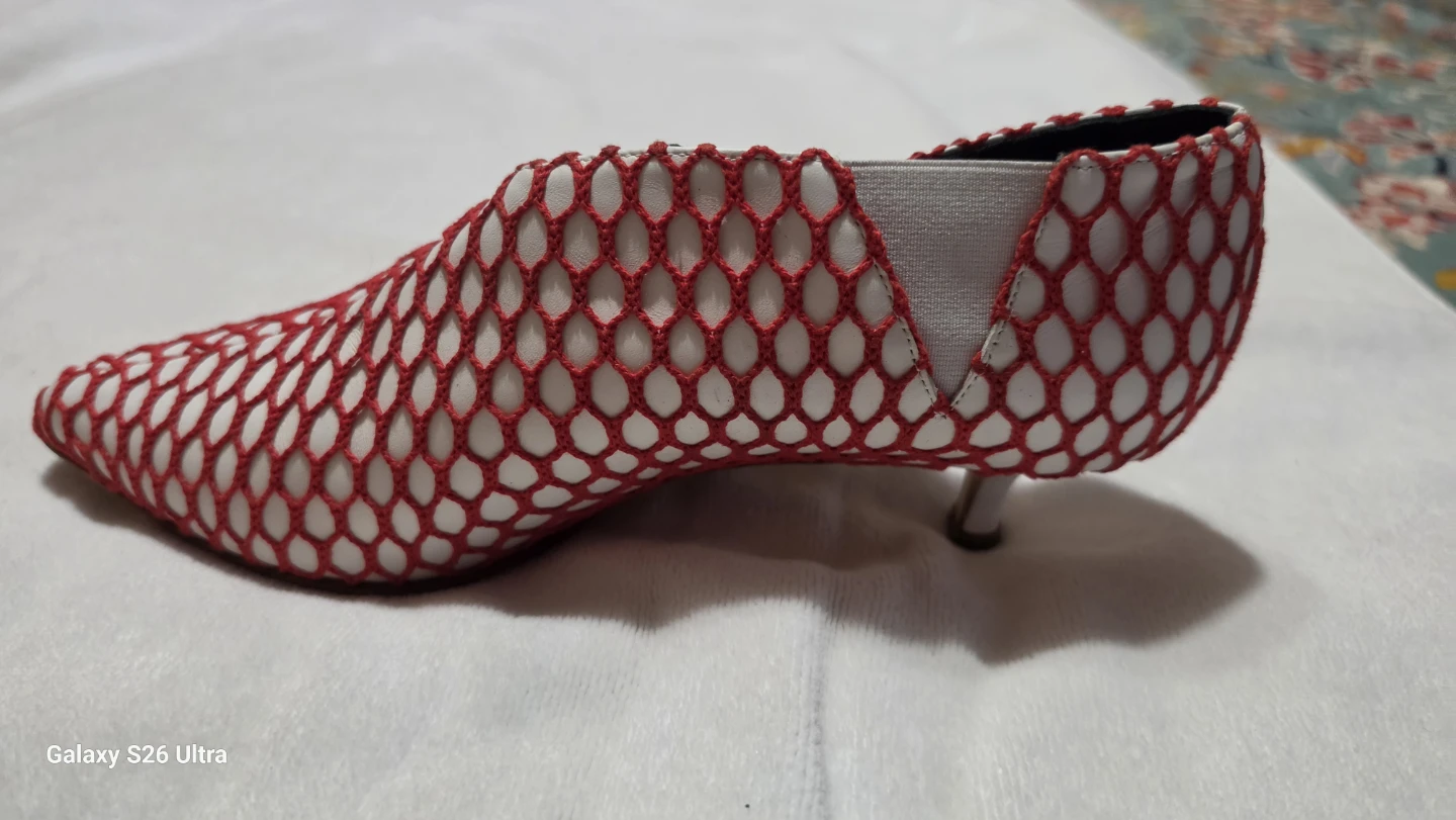 Women's Red and White Mesh Kitten Heel Booties