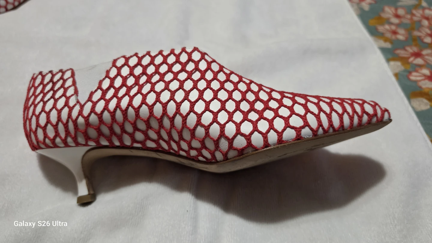 Women's Red and White Mesh Kitten Heel Booties - photo 4